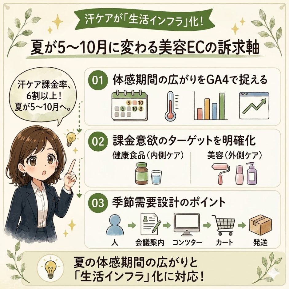 汗ケアが生活インフラ化！夏が5〜10月に変わる美容ECの訴求軸