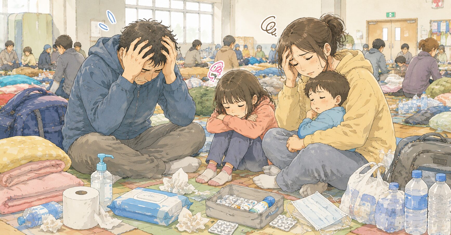 避難所で頭を抱えて座っている家族のイラスト。
