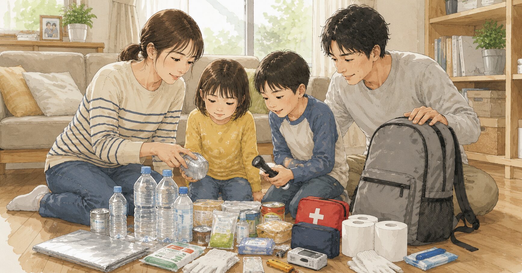 家族が防災セットを前に確認しているイラスト