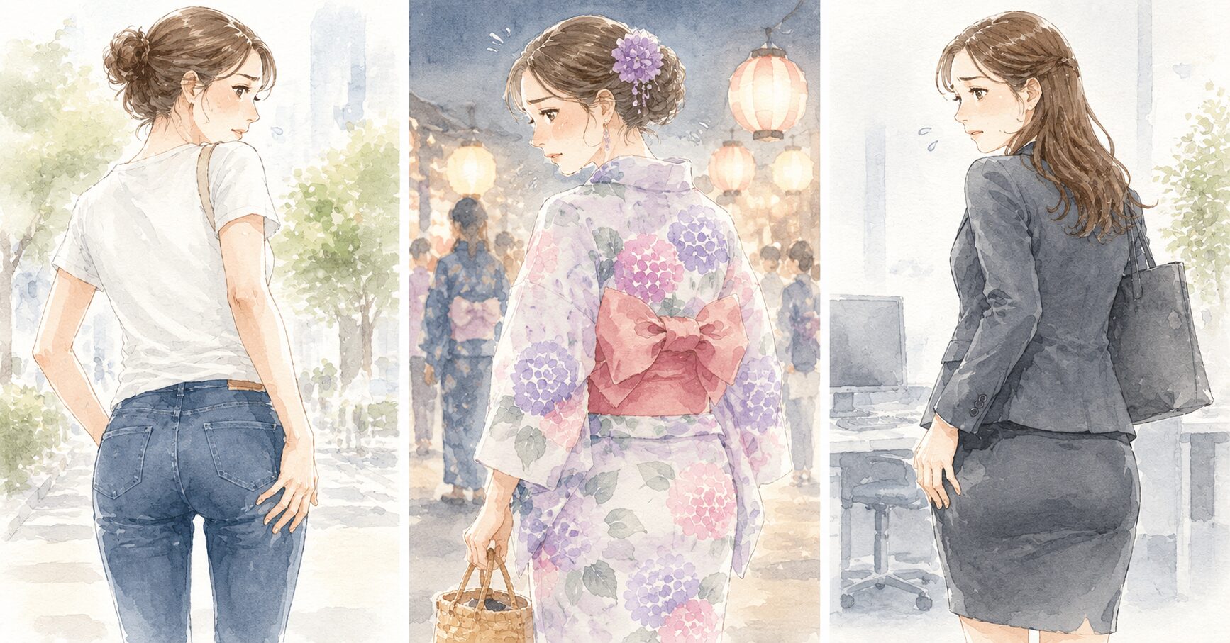おしりを気にする不安な表情の女性