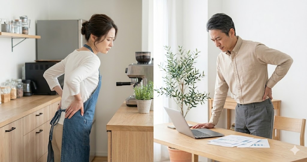 腰に手を当てて困った表情の40代の男性と女性