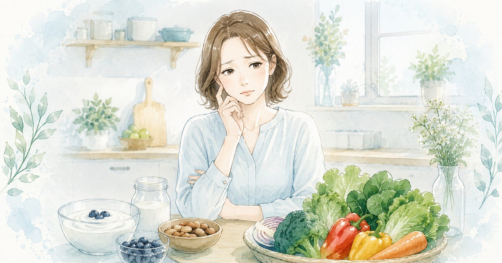ヨーグルトや野菜を前に少し困った表情