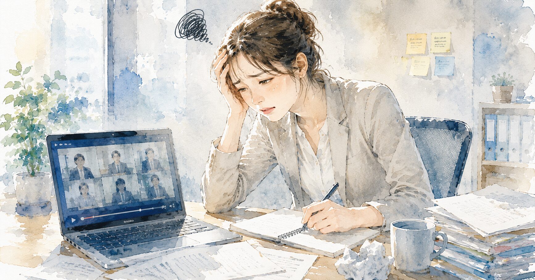 疲弊した表情でメモとPCを前にしている会社員