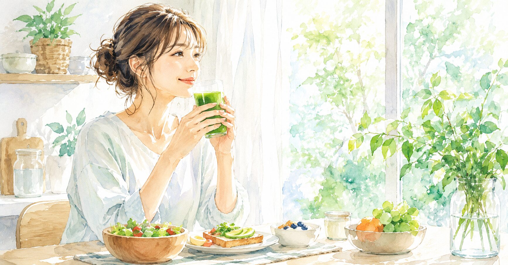 青汁を朝食と一緒に飲んでいる女性