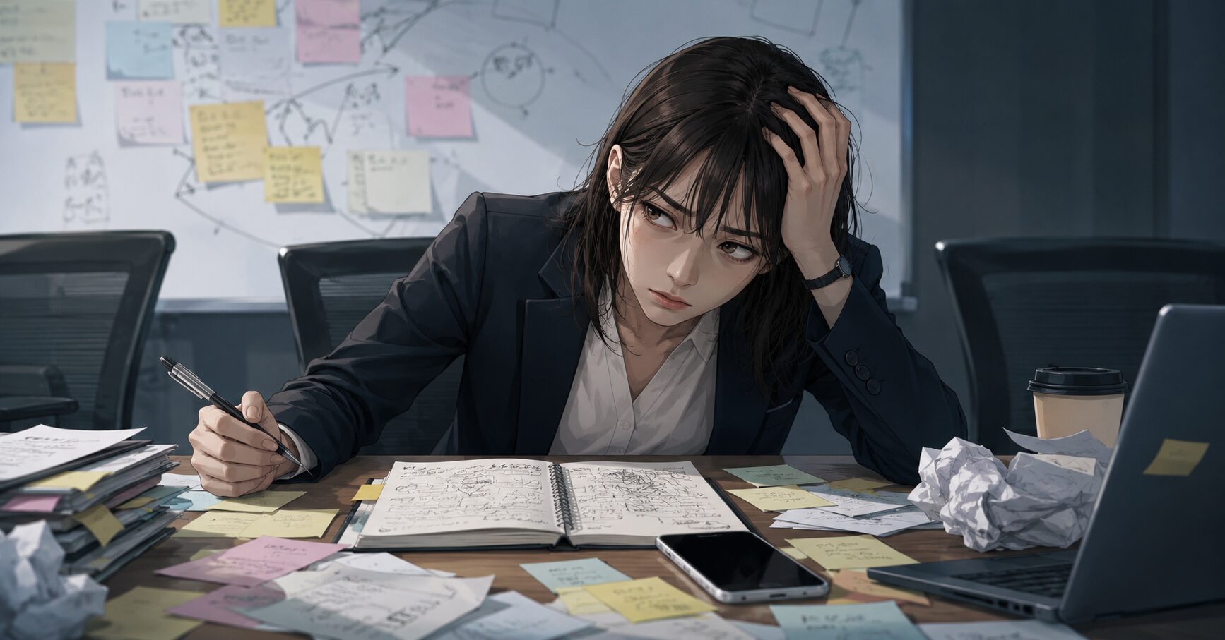 会議後に疲弊した表情で乱雑なメモとPCを前にしている女性