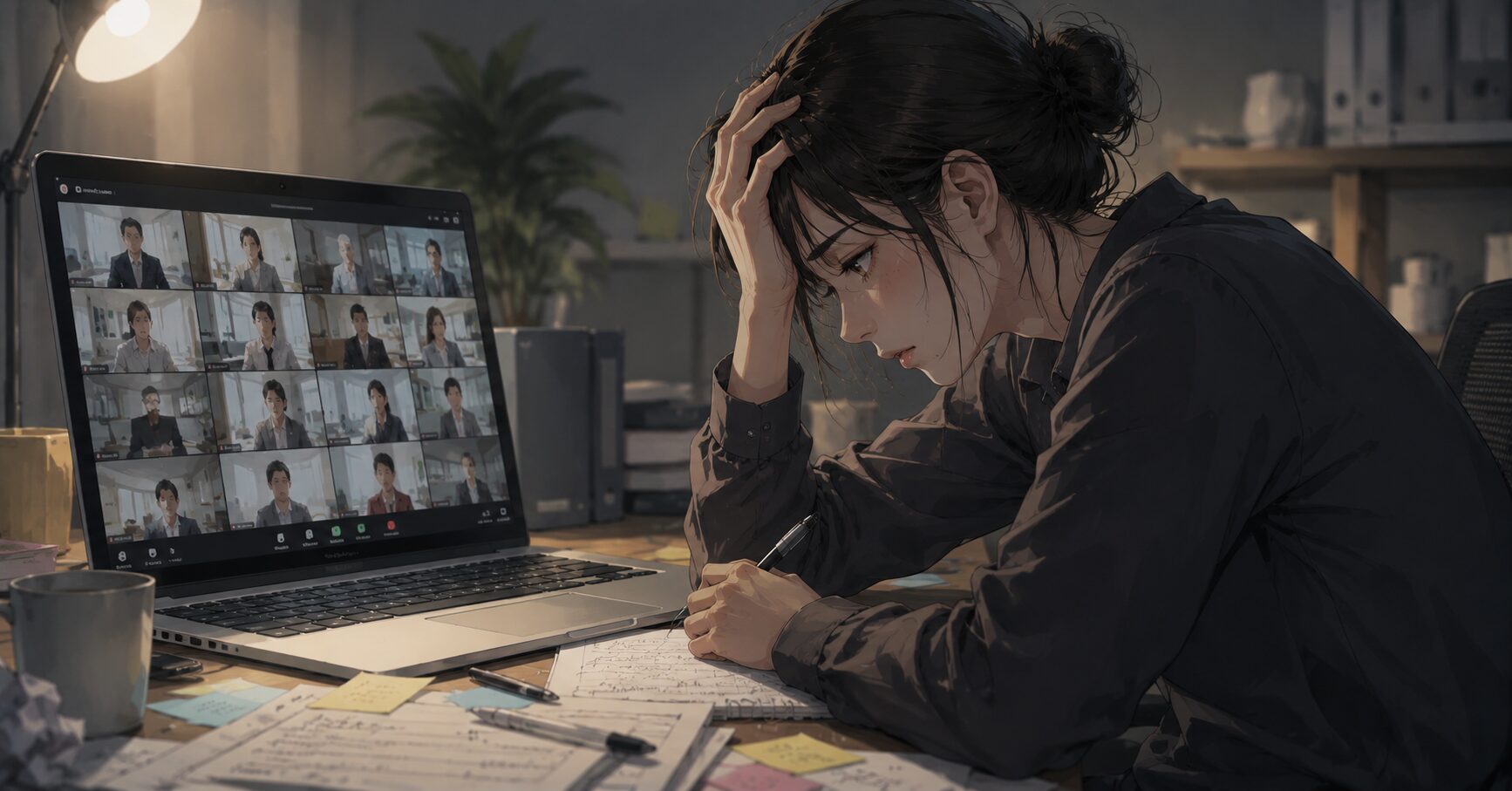 Zoom録画の画面を前に疲れた表情で作業している女性