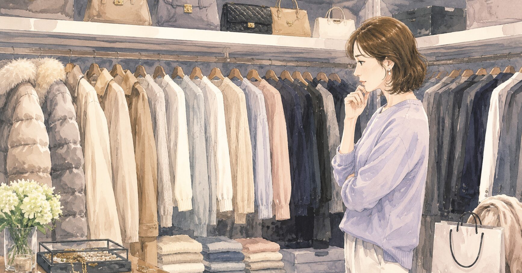 クローゼットに並ぶ高級ダウン・カシミヤニットのイラスト