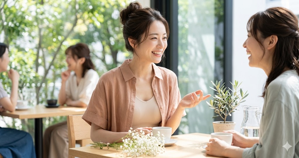 女性が夏にカフェで友人と笑顔で話している4