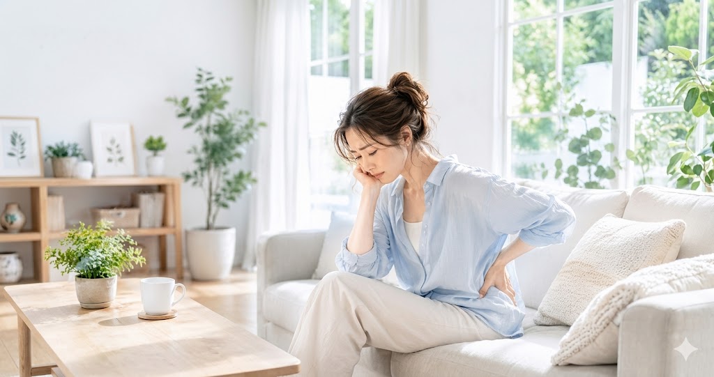 腰に手を当てて困った表情の女性