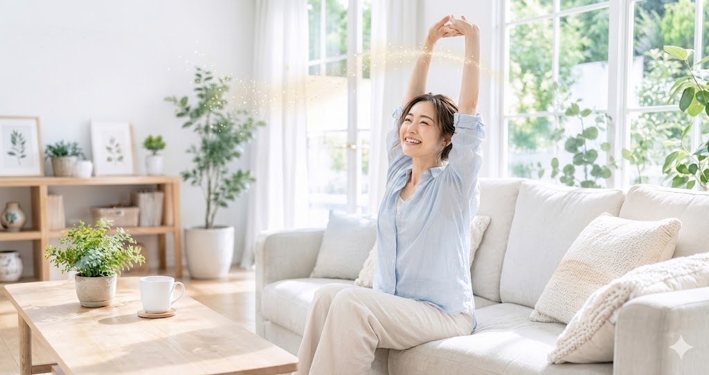 女性が笑顔で伸びをしている