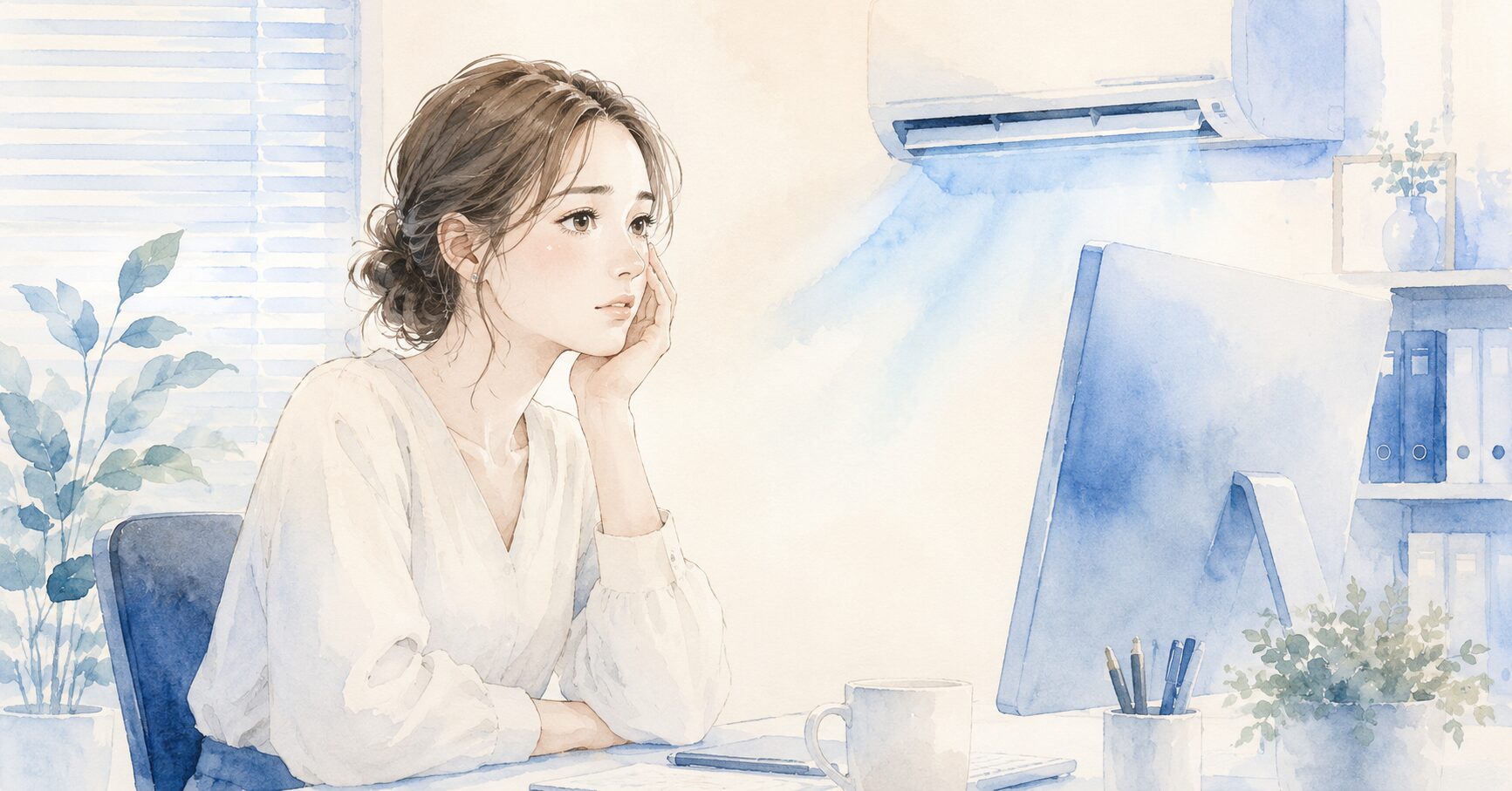 エアコンの効いたオフィスで肌の乾燥を気にしている女性