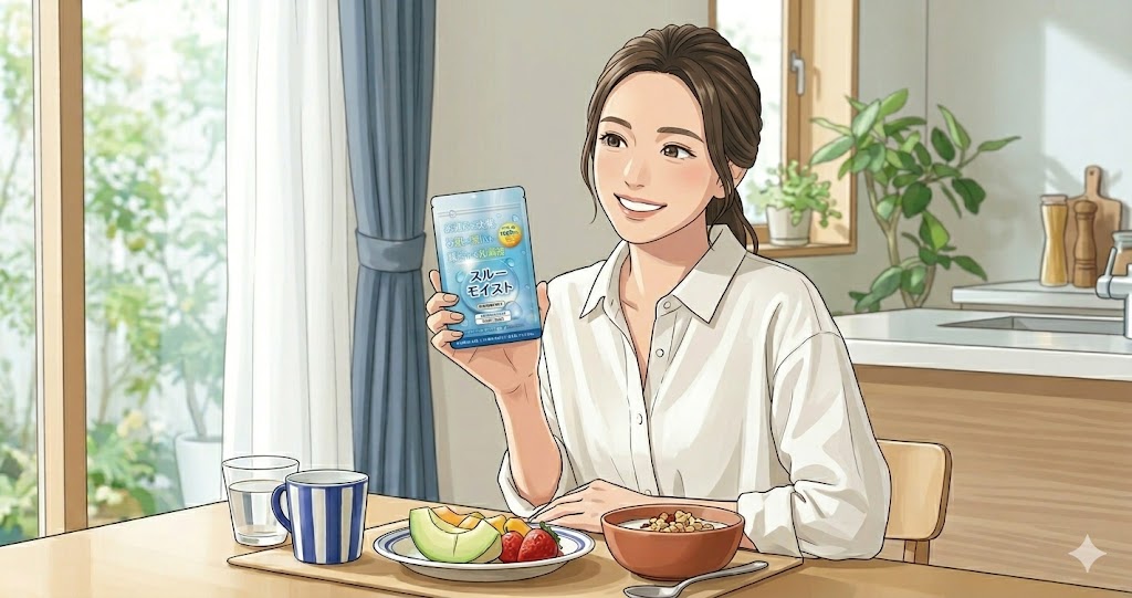 スルーモイストを手に持つ女性