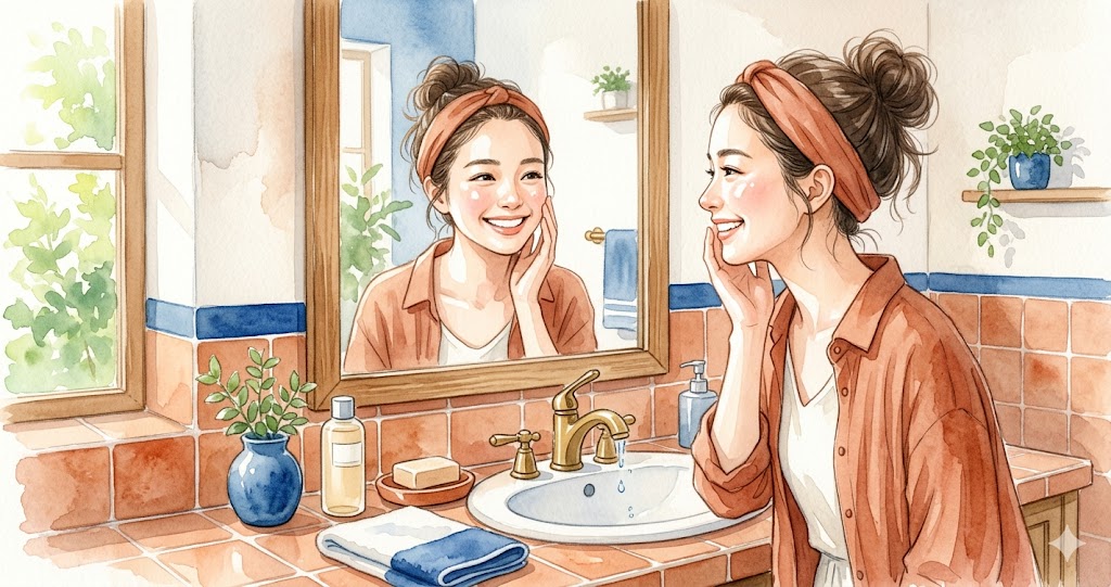 肌の潤いに気づいて笑顔になっている女性