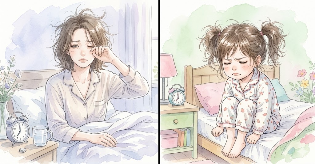 目覚めの悪そうな女性と子ども