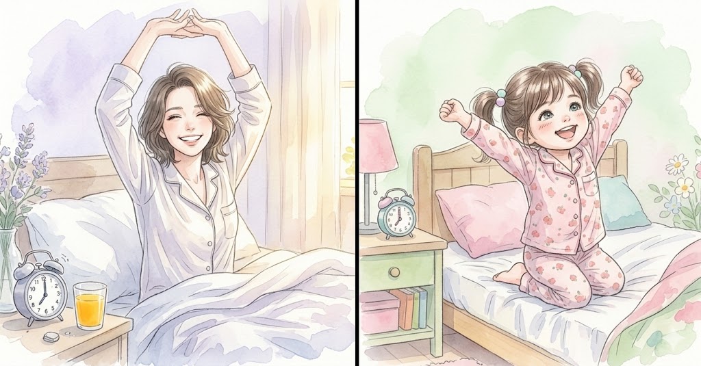 目覚めの良い女性と子ども