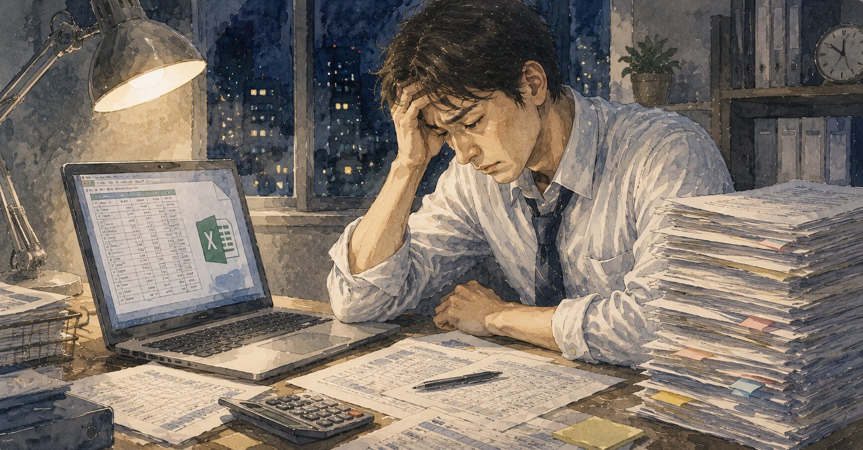 CSVファイルとExcelを見ながら疲れた表情