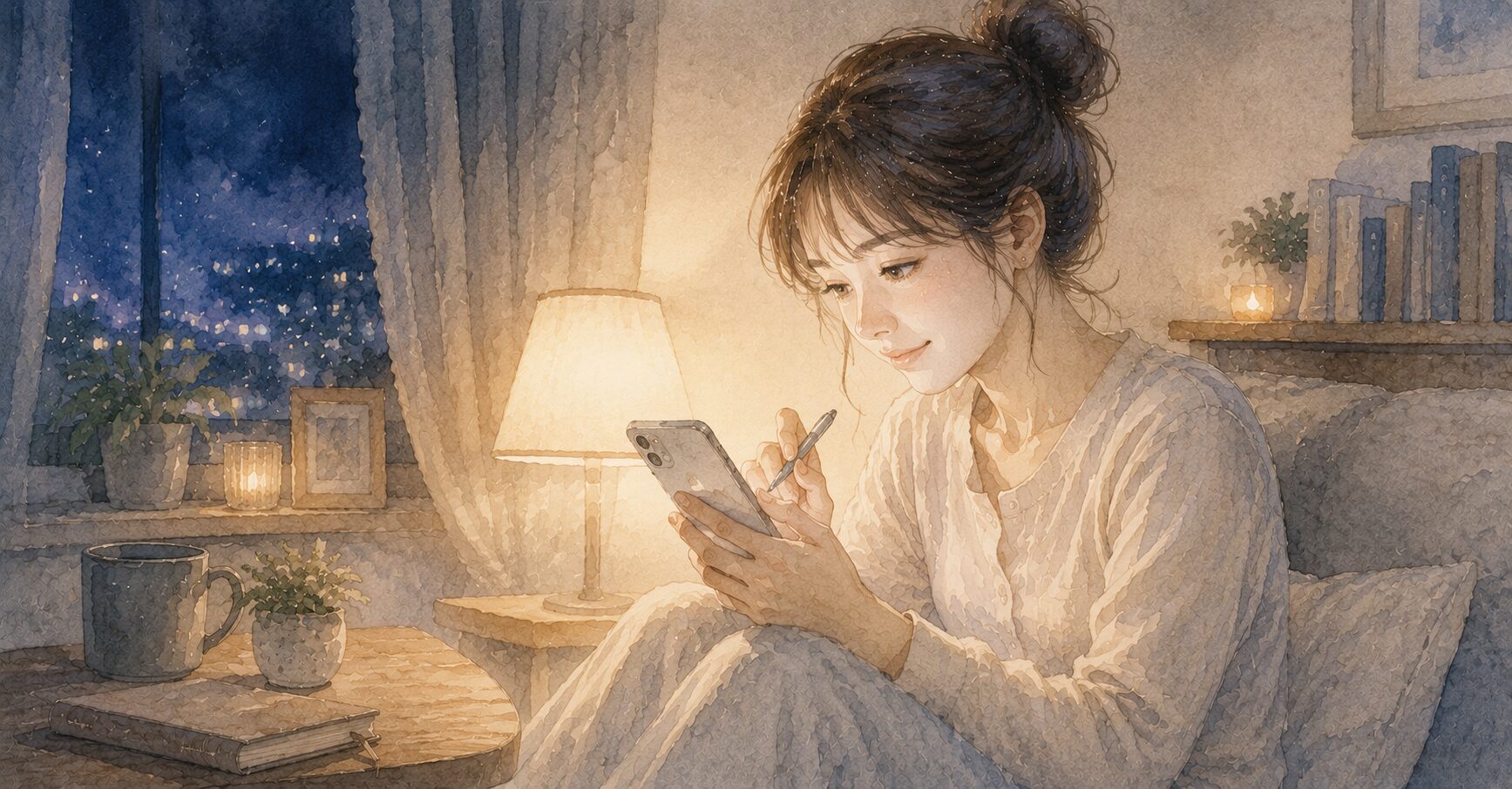 アプリを開いて感情を書き出している女性