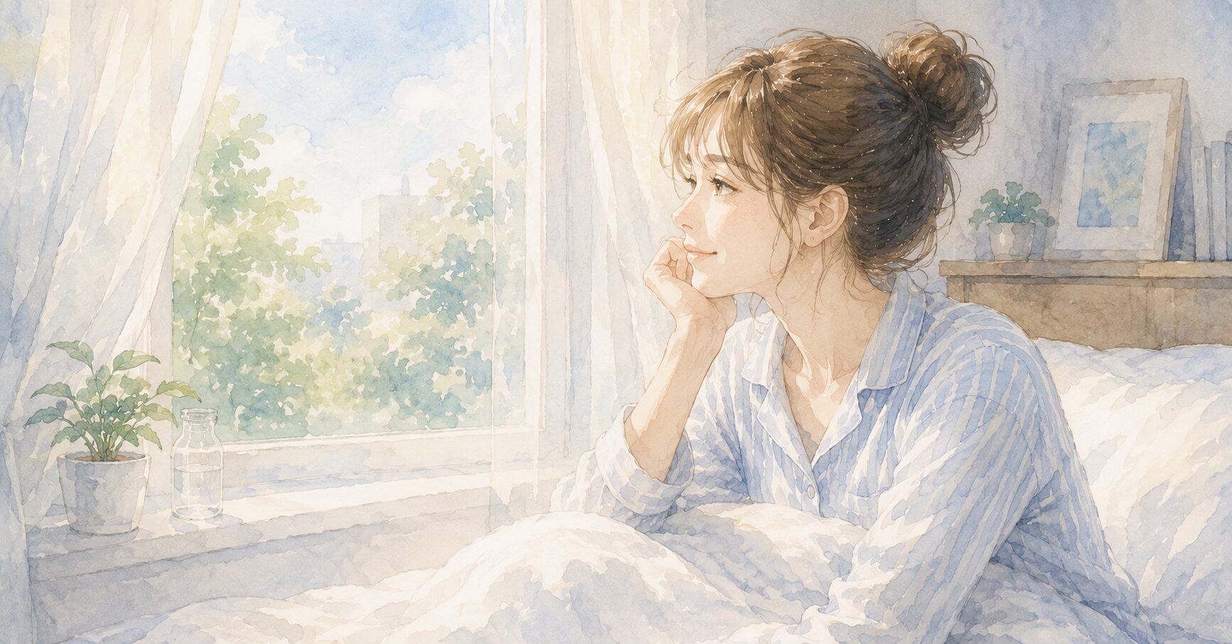 笑顔で窓の外を見ている女性