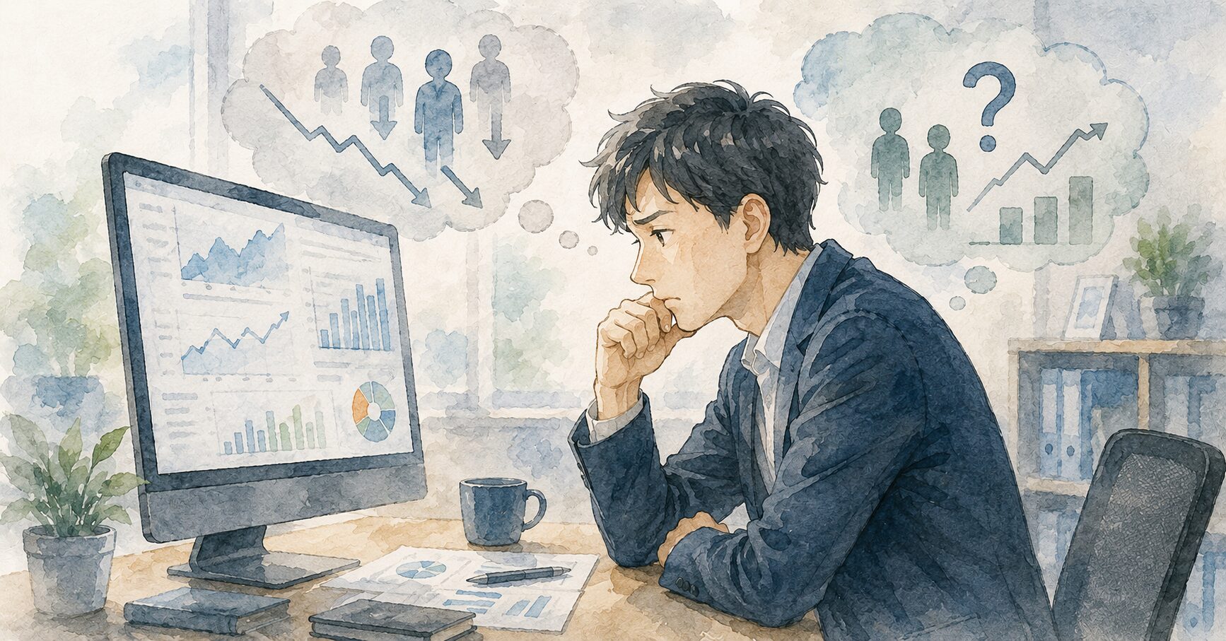 インハウス担当者がPCの前で悩んでいる