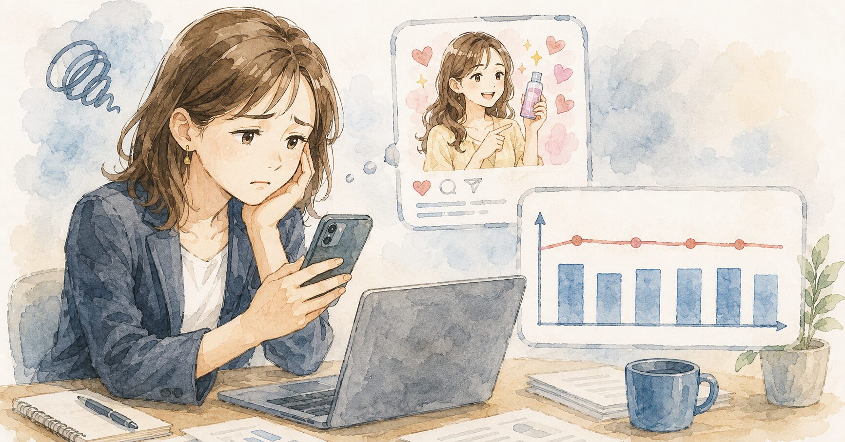 スマホでインフルエンサーの投稿を見て困った表情をしているEC担当者のイラスト