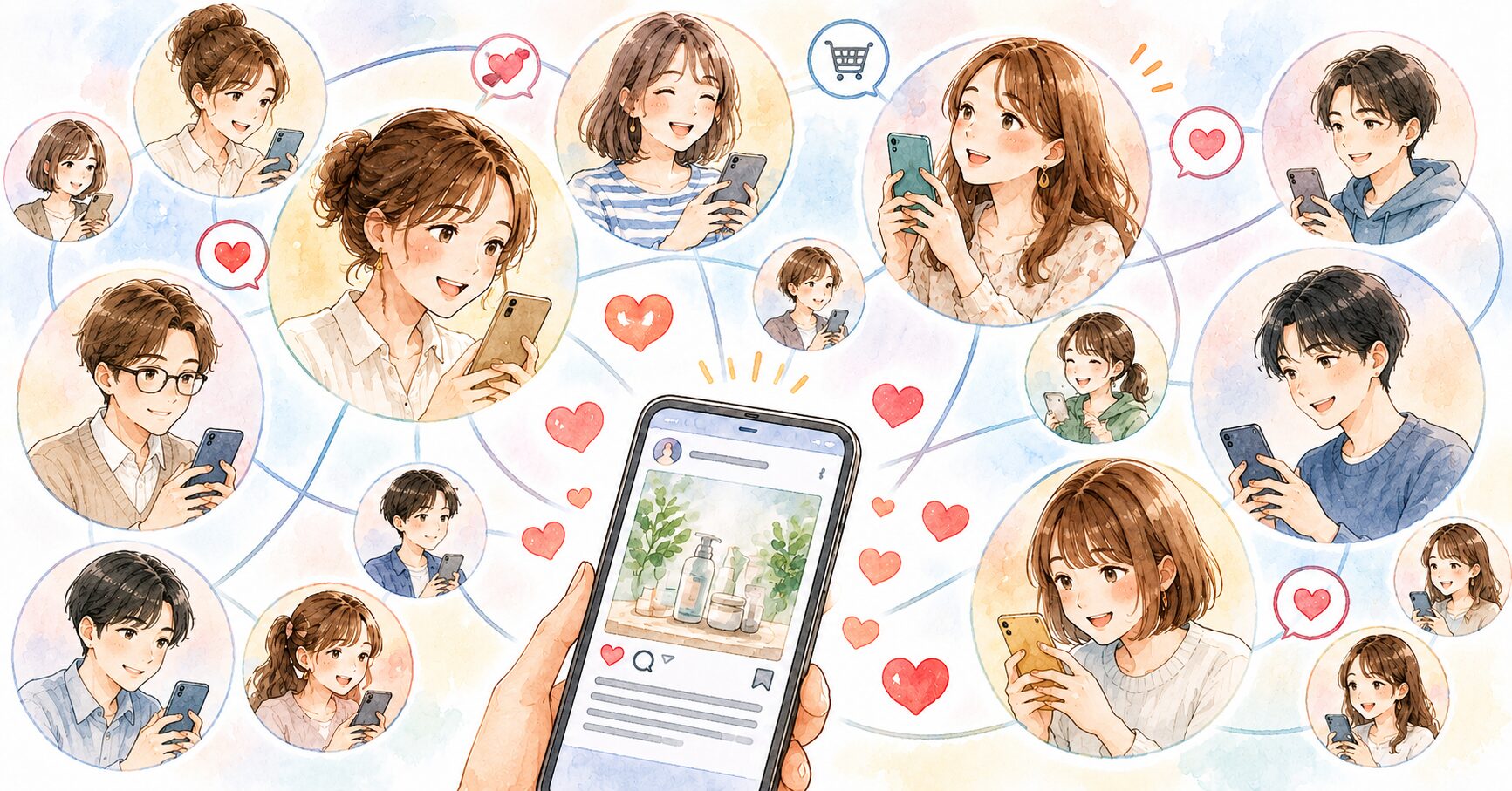 小さなアイコンのインフルエンサーが多数つながり、投稿が輪のように広がっていく様子を示すイラスト