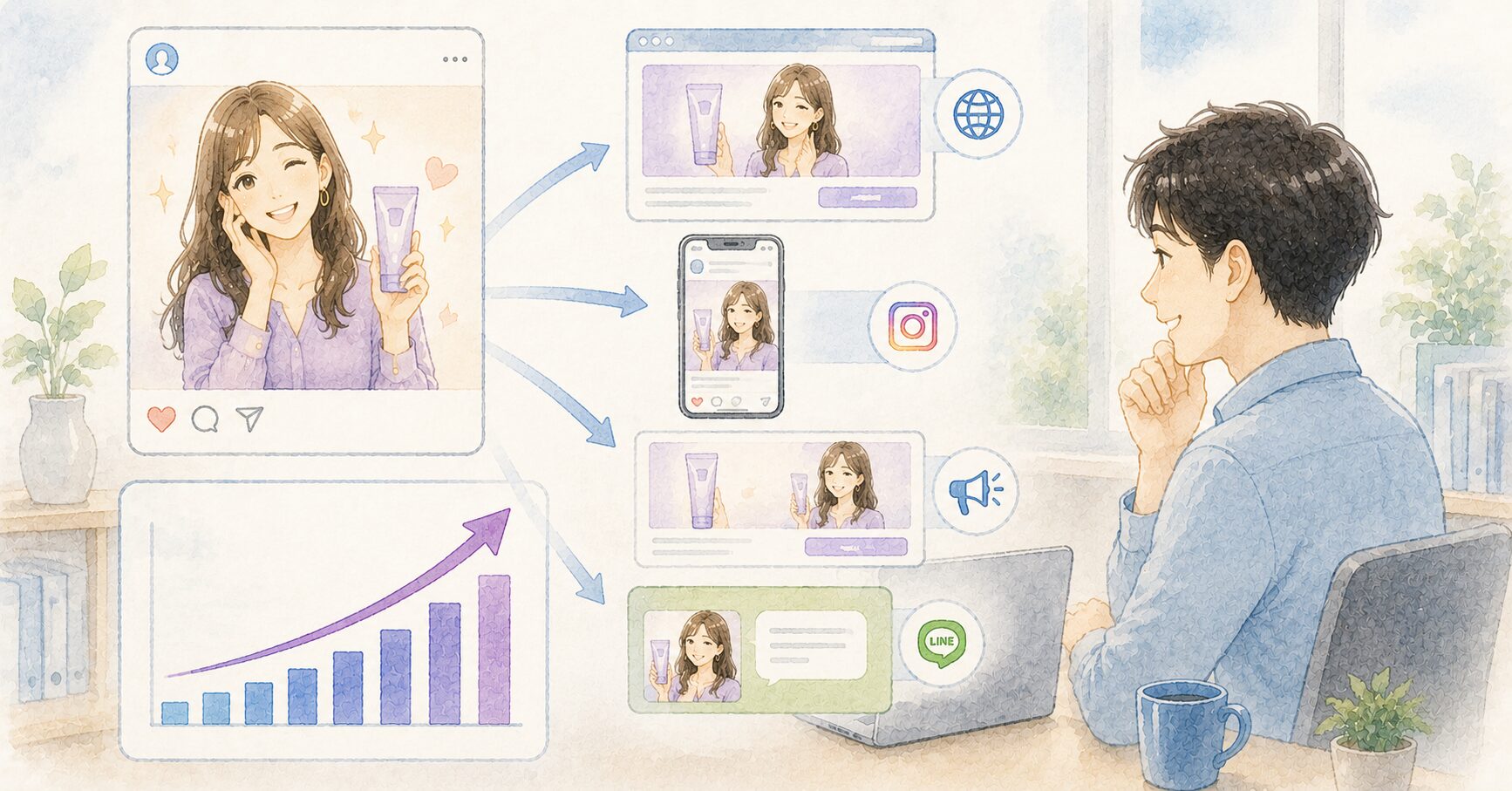 投稿が広告・LP・SNSに再利用されている様子